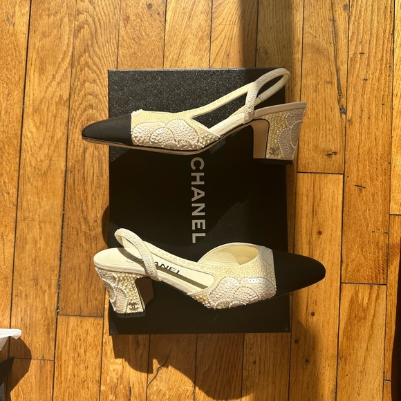 Chanel cream pearl beaded sequin bridal slingback limited edition 36.5 - Picture 4 of 10